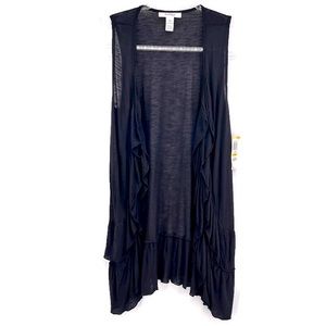 Style & Co Petite Sleeveless Open Front Duster Cardigan Ruffled Trim Black MP